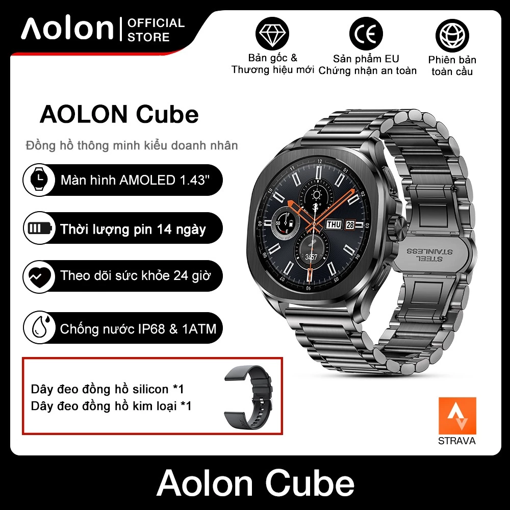 Aolon Cube bản Đen - đồng hồ thông minh doanh nhân màn hình AMOLED 1.43 inch